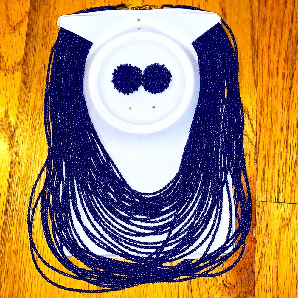 Blue beaded necklace and earrings to match